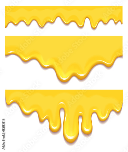 Set of orange honey drops and yellow splashes healthy syrup golden food liquid drip vector illustration.