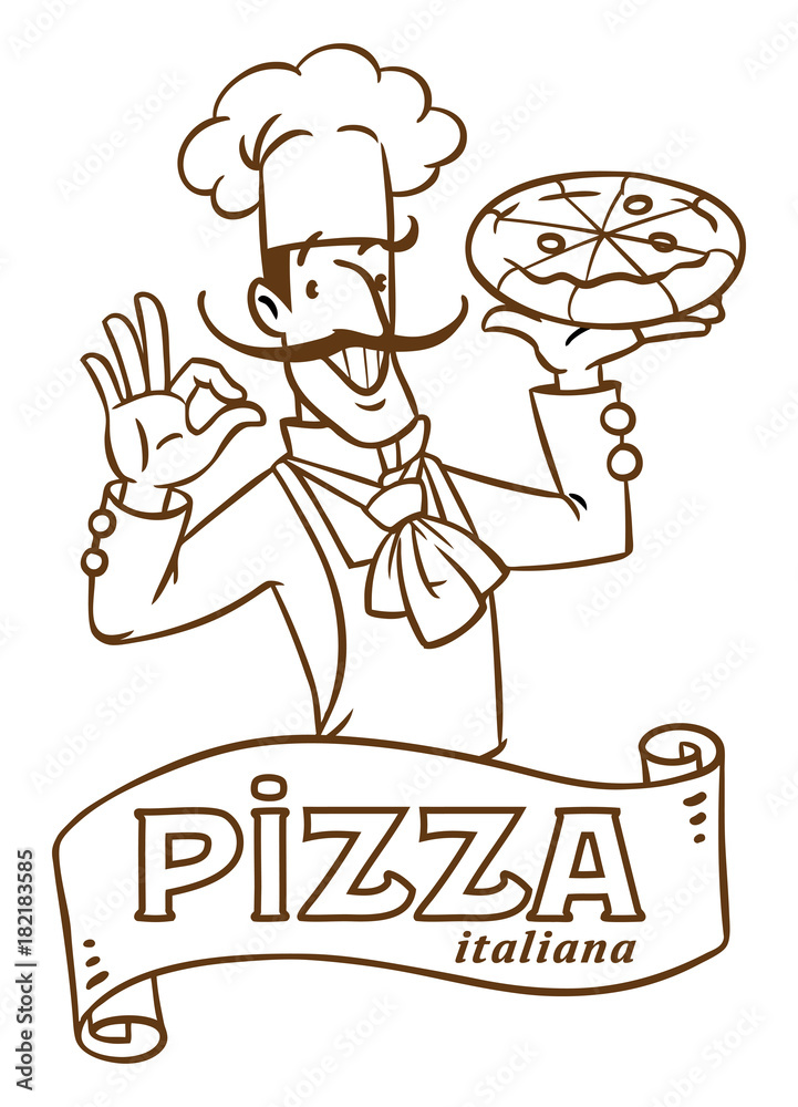 Fototapeta premium Funny italian chef with pizza. Emblem design