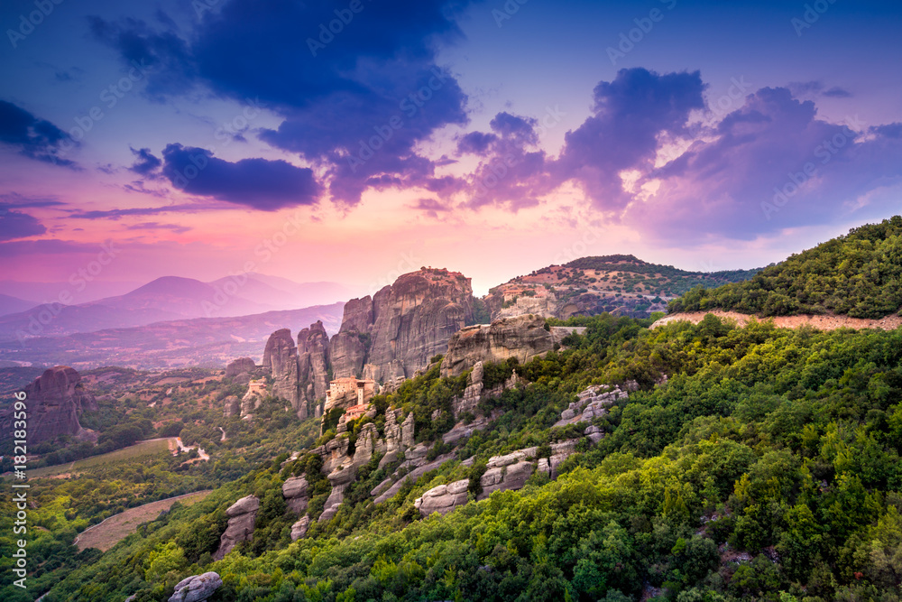 Fototapeta premium Sunset light over Meteora Monasteries, Greece