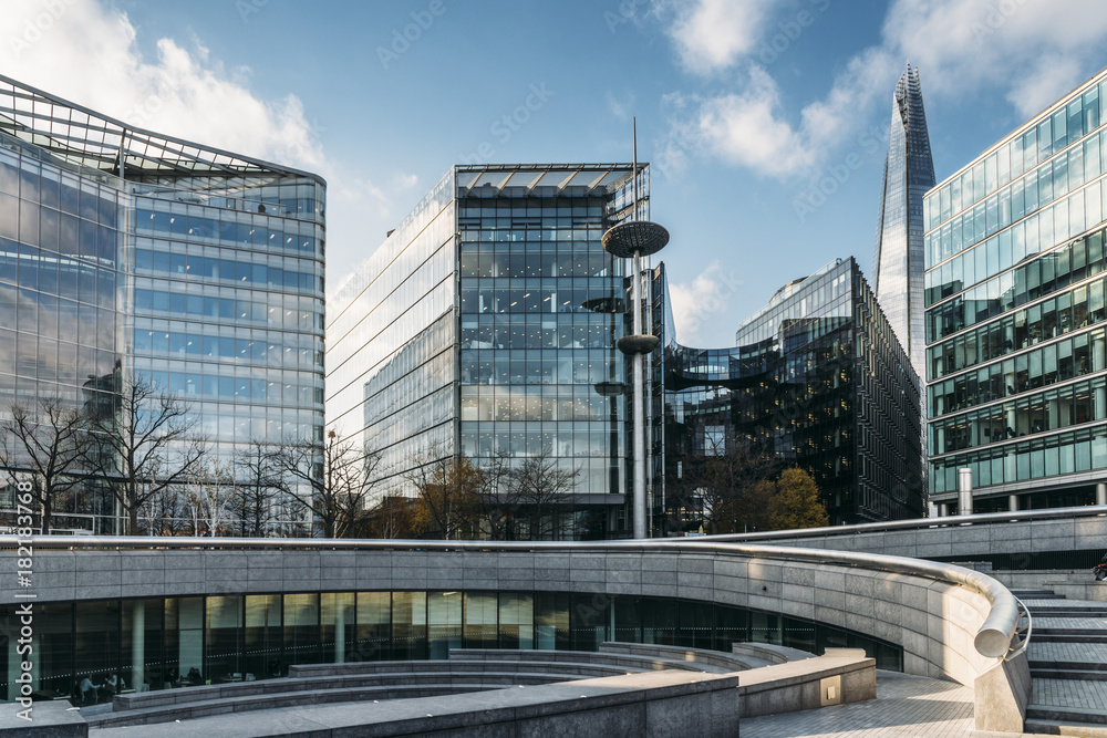 Modern glass buildings, including the Shard on South side of London, UK