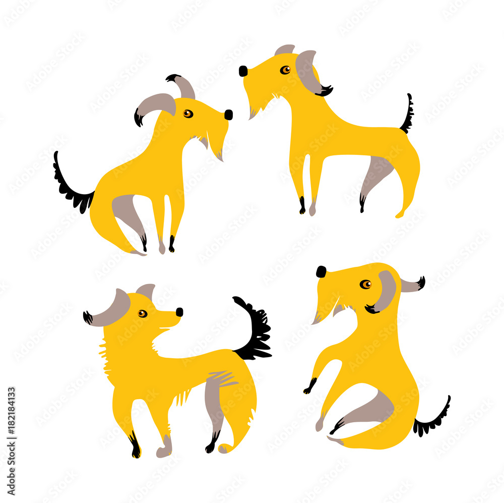 Obraz premium Four funny yellow dogs. Cartoon puppies illustration. Hand drawn characters for design year of the dog 2018.