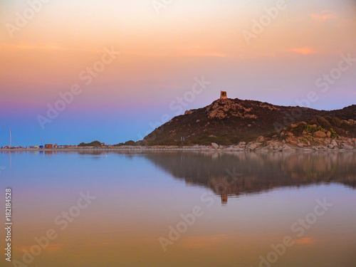 Notteri Pond (famous for the presence of pink flamingos) at dusk. Sardinia, Italy.
