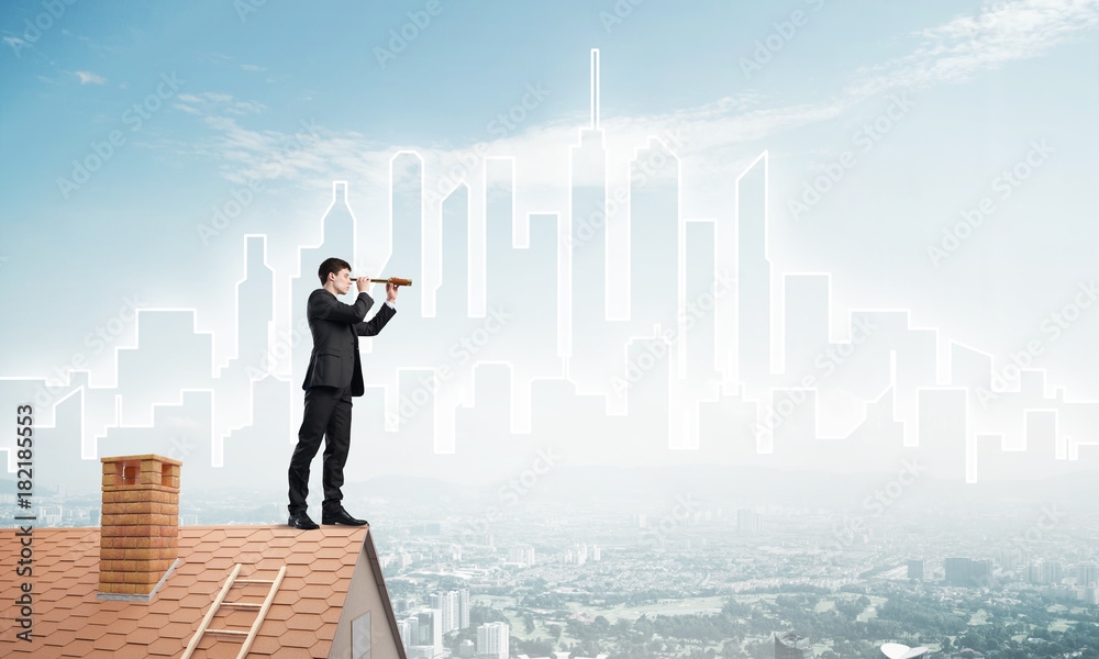Engineer man standing on roof and looking in spyglass. Mixed media Engineer man standing on roof and looking in spyglass. Mixed media