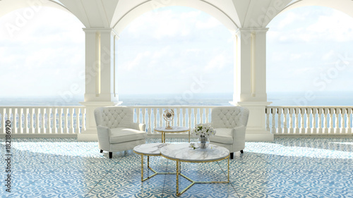 3d render from imagine classic luxury balcony sea view Italy Mediterranean armchair