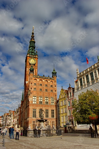 sunny day on Dluga street, view on city hall of Gdansk