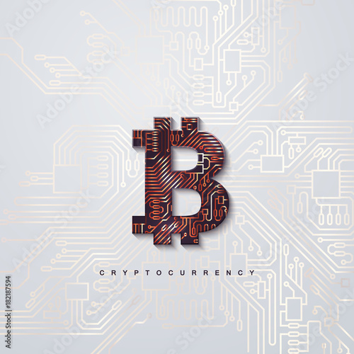 Bronze textured bitcoin sign and circuit board background.