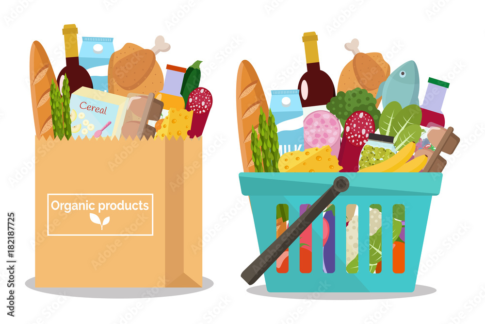 Naklejka Grocery in a shopping basket and a paper bag. Vector illustration. Flat design.