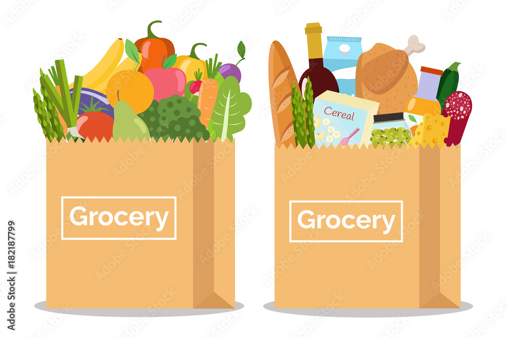 Naklejka Grocery in a paper bag and vegetables and fruits in paper bag. Vector illustration. Flat design.