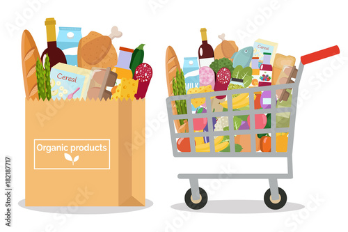 Grocery in a shopping cart and a paper bag. Vector illustration. Flat design.