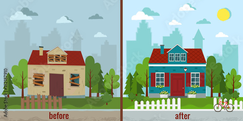 House before and after repair vector illustration. Flat design.