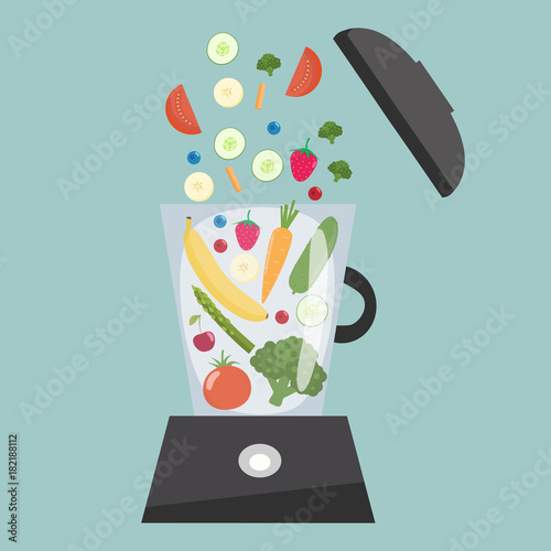 Food processor, mixer, blender with fruits, berries and  vegetables.Slices of vegetables and fruits