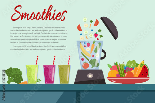 Cooking smoothies. Plate full of vegetables and fruits. Blender food processor