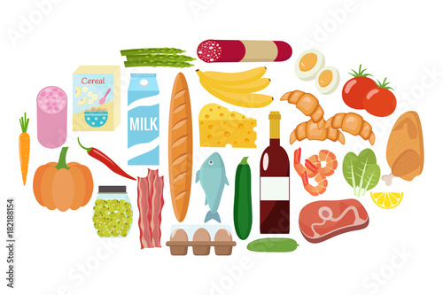 Grocery set. Milk, vegetables, meat, chicken, cheese, sausages, wine, fruits, fish, cereal, juice. Vector illustration, flat design.