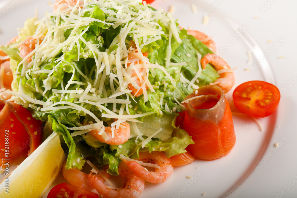 Caesar salad with shrimps and salmon Caesar salad with shrimps and salmon