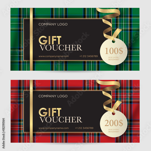 Christmas gift voucher with red scottish pattern. Festive gift coupon with an abstract pattern. Vector template for gift card, coupon and certificate for a spa, beauty salon, shops and restaurants