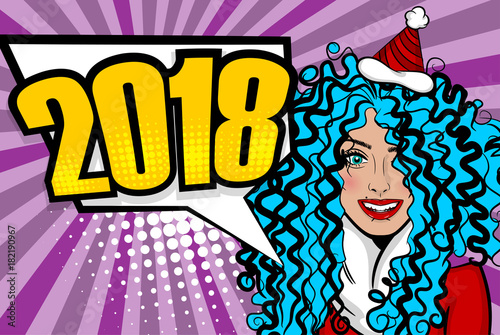Cartoon smiling sexy girl say 2018 New year. Woman pop art greeting New Year. Vintage popart poster. Wow face kitsch vector illustration. Speech bubble. Comics book text radial background.