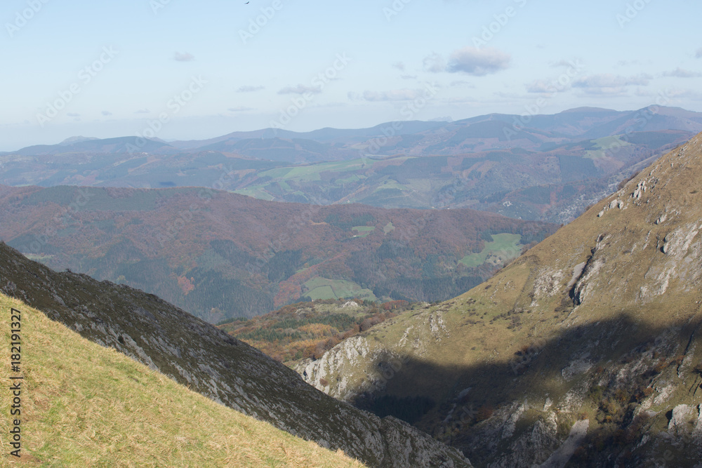 Fototapeta premium On the left mountain Larraone, right mountain Zabalegi, valley direction north, Parque Natural Aralar, autumn