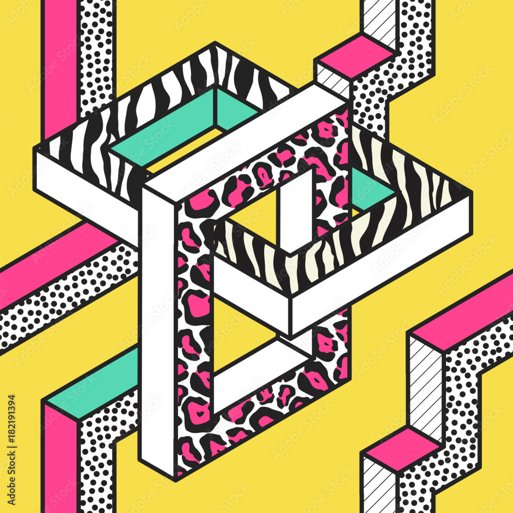 Fototapeta premium Abstract Memphis Seamless Patterns with 3d Geometric Shapes. Fashion 80s 90s Fabric Design. Trendy Hipster Background. Vector illustration