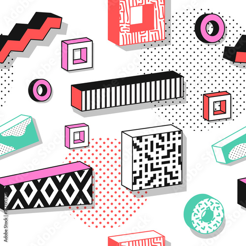 Abstract Memphis Seamless Patterns with 3d Geometric Shapes. Fashion 80s 90s Fabric Design. Trendy Hipster Background. Vector illustration