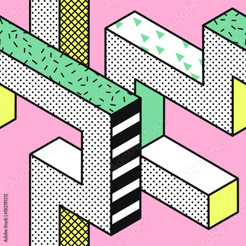 Abstract Memphis Seamless Patterns with 3d Geometric Shapes