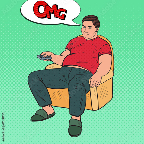 Pop Art Bored Fat Man Watching TV with Remote Controller. Unhealthy Food. Vector illustration