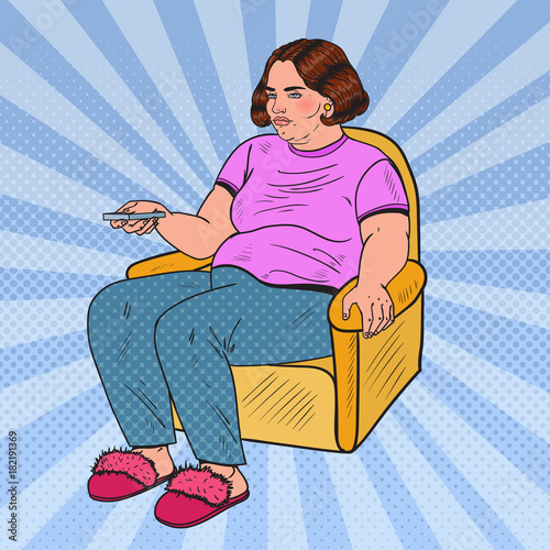 Pop Art Fat Woman Watching TV with Remote Controller. Unhealthy Eating. Vector illustration