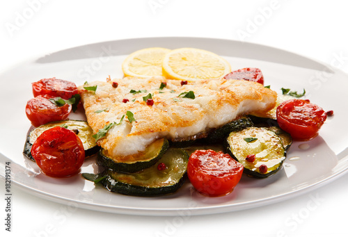 Fish dish - roast cod fillet and vegetables 