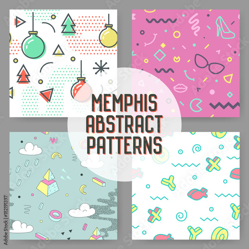 Fashion Hipster Abstract Memphis Seamless Pattern Set. Geometric Shapes Background. Trendy 80s 90s Composition. Vector illustration