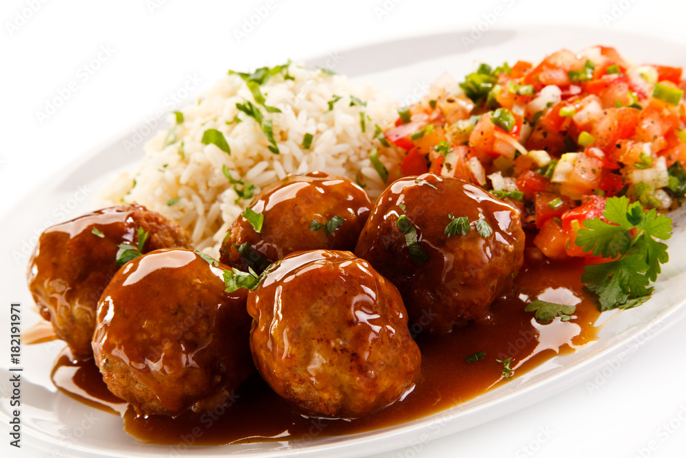 Roasted meatballs, rice and vegetables Roasted meatballs, rice and vegetables