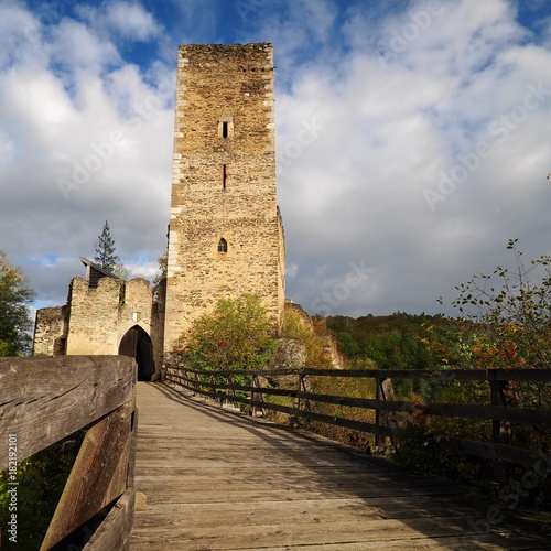 Beautiful Burgruine Kaja in colorful autumn nature, gold leaf, Austria photo