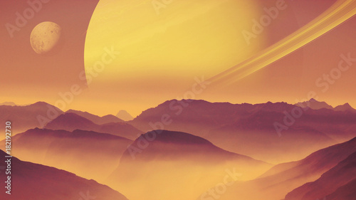alien planet landscape with planet and moon in the sky