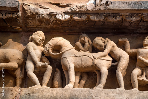Close up erotic stone carving in Lakshman Temple