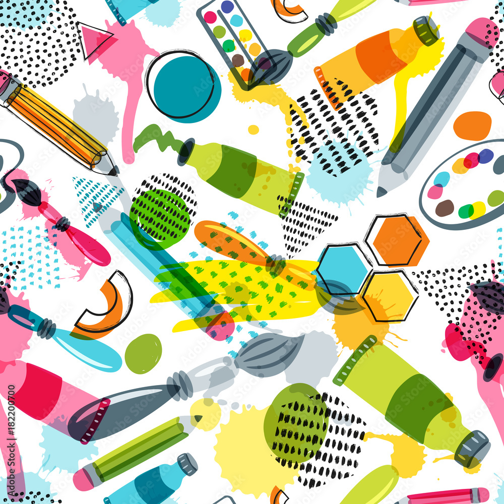 Art materials for craft design and creativity. Vector doodle seamless  pattern. Creative background with pencils, brushes, watercolor paints and  other items for handmade activity. Stock Vector | Adobe Stock