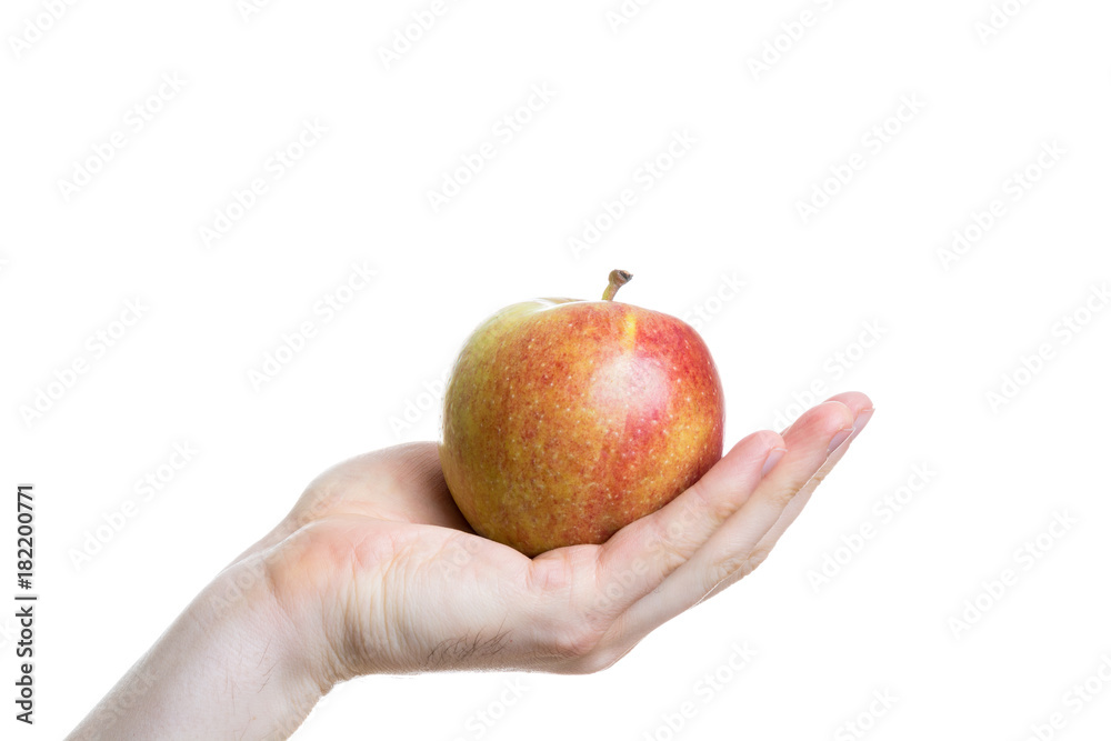 Holding an apple in the palm of a hand on white background Holding an apple in the palm of a hand on white background