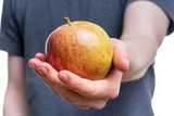 Holding an apple in the palm of a hand with a gray shirt on white background