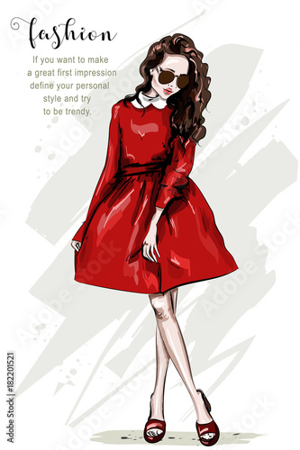 Hand drawn beautiful woman in red dress. Fashion woman full body portrait. Stylish girl in sunglasses. Sketch.