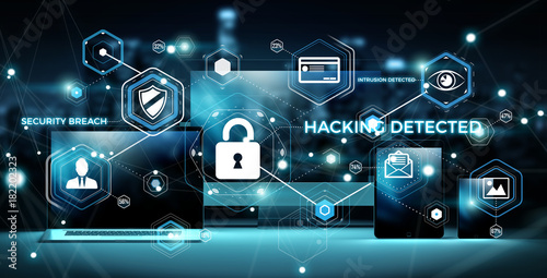 Canvas Print Antivirus interface over modern tech devices 3D rendering