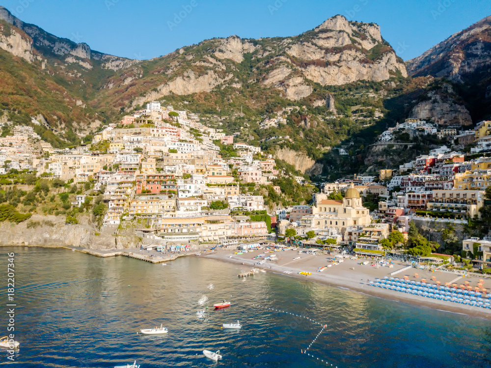 An aerial view of Positano and small village on the Amalfi Coast in Italy