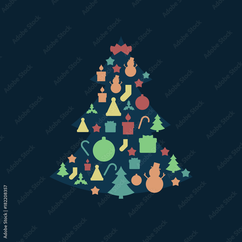 Blue Christmas Tree and Christmas Related Icons in Vintage Style and Retro Faded Colors Blue Christmas Tree and Christmas Related Icons in Vintage Style and Retro Faded Colors