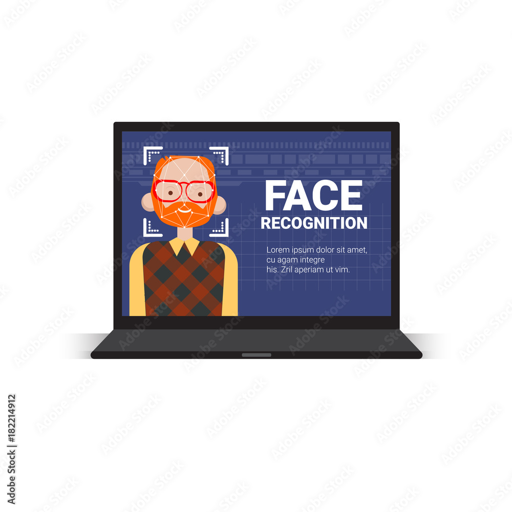 Computer Scanning User Man Face Identification Technology Access Control System Biometrical Recognition Concept Vector Illustration Computer Scanning User Man Face Identification Technology Access Control System Biometrical Recognition Concept Vector Illustration