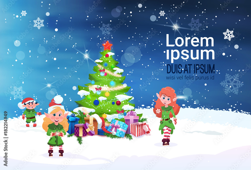 Naklejka premium Winter Holidays Background Merry Christmas Concept Banner With Copy Space Fir Tree and Elf Decoration Flat Vector Illustration