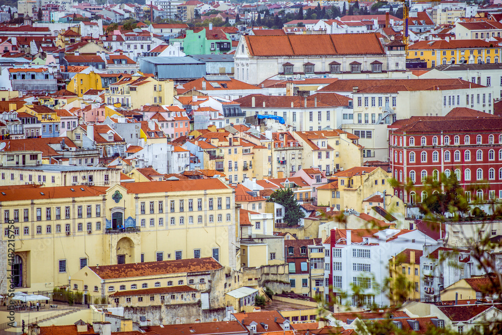 Colorful rooftop view of old buildings in Lisbon, Portugal