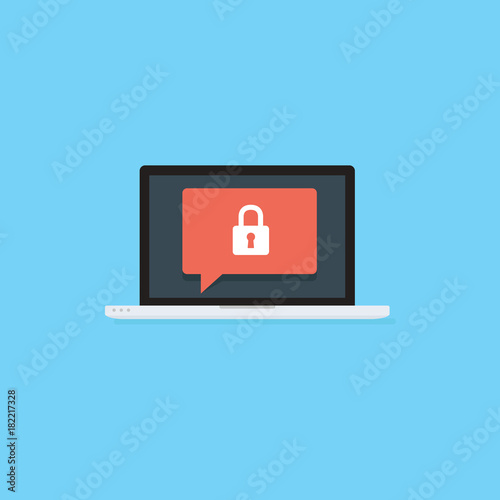 Flat laptop with lock pad icon. Computer security concept, personal access, user authorization