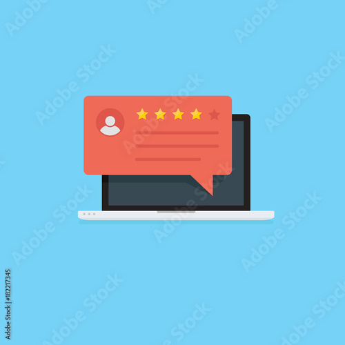 We Need Your Feedback. Rating and customer review feedback concept. Review rating bubble speeches on laptop