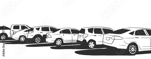 Illustration of parked cars in black and white