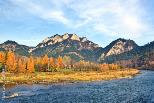 Three Crowns peak and Dunajec river in Pieniny mountains at autumn
