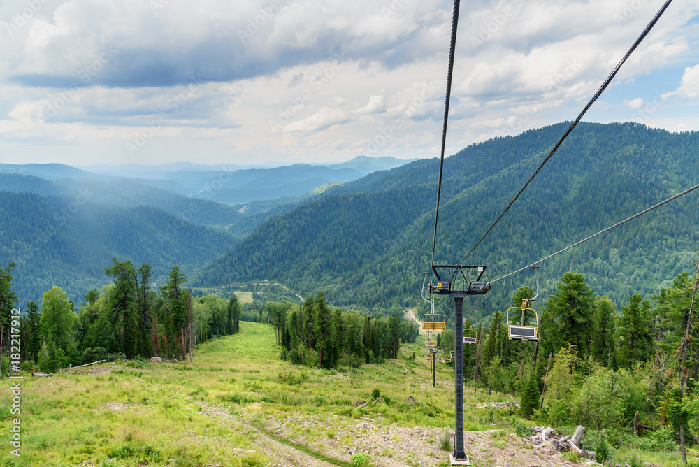View from Kokuya Mountain and Chairlift ski lift. Altai Republic. Russia