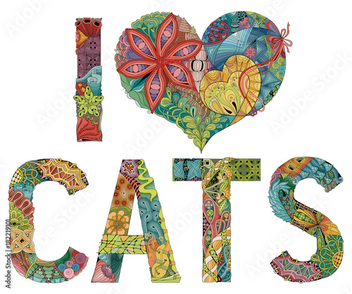 Words I LOVE CATS. Vector decorative zentangle object