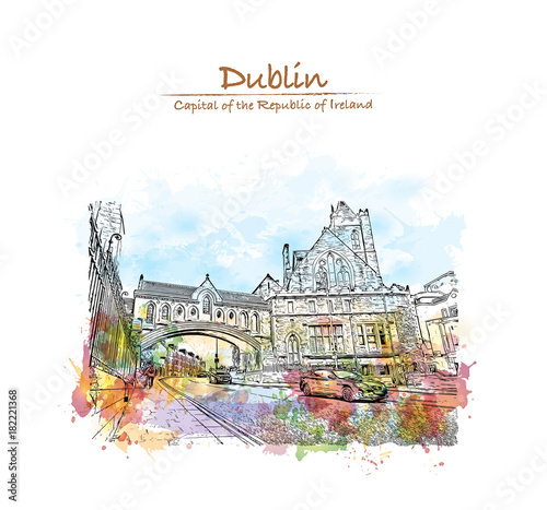 Watercolor splash with hand drawn sketch of Dublin, Ireland in vector illustration. in vector illustration. photo