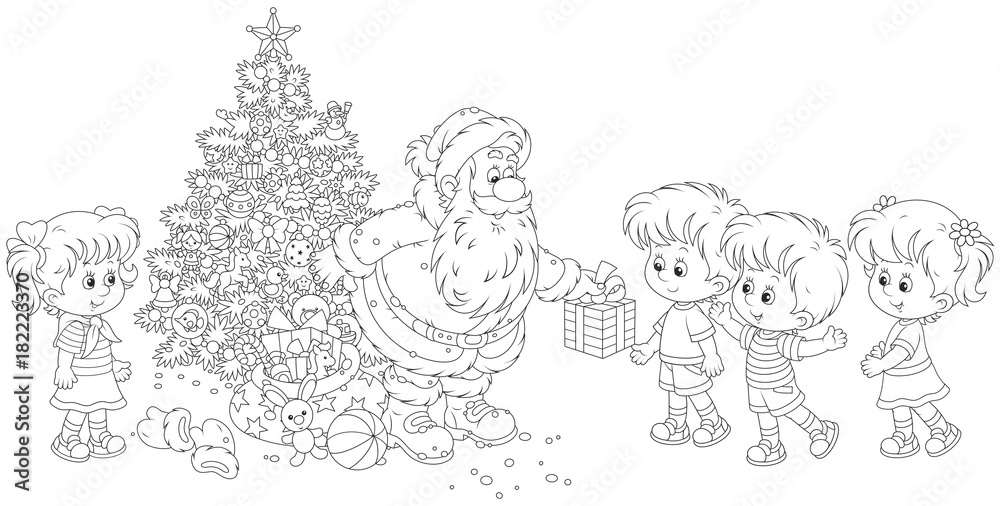 Santa Claus giving Christmas presents to little children